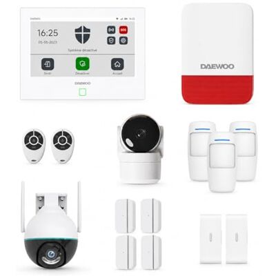 Daewoo Alarmpakket AM371, wifi/GSM, 7 inch touchscreen-centrale, 12 accessoires, buitensirene, 2 draaibare Full HD camera's Daewoo Alarmpakket AM371, wifi/GSM, 7 inch touchscreen-centrale, 12 accessoires, buitensirene, 2 draaibare Full HD camera's