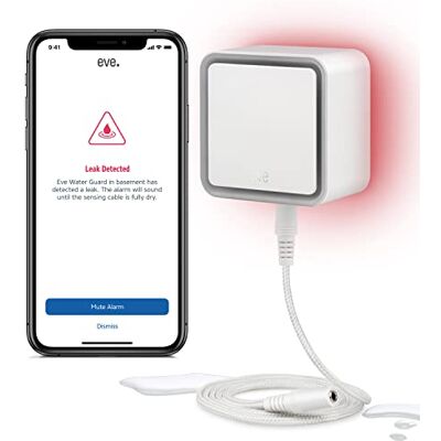 eve Water Guard Slimme watermelder met 2 meter lange sensorkabel (verlengbaar), alarm van 100 dB en berichtgeving over waterlekkage op iPhone, iPad, Apple Watch (Apple Home), Bluetooth, Thread eve Water Guard Slimme watermelder met 2 meter lange sensorkabel (verlengbaar), alarm van 100 dB en berichtgeving over waterlekkage op iPhone, iPad, Apple Watch (Apple Home), Bluetooth, Thread