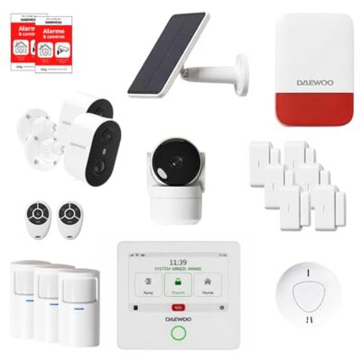 Daewoo Touch Pro Max Smart Home Alarmset, beveiligingssysteem zonder abonnement, met camera's binnen en buiten, sirene op zonne-energie en rookmelder, compatibel met Alexa en Google Home Daewoo Touch Pro Max Smart Home Alarmset, beveiligingssysteem zonder abonnement, met camera's binnen en buiten, sirene op zonne-energie en rookmelder, compatibel met Alexa en Google Home
