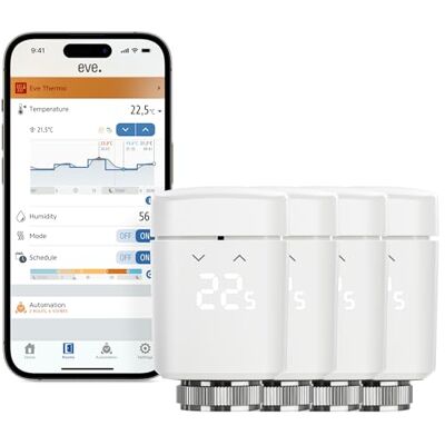 eve Thermo (Matter, 4e gen) 4 stuks: Slimme radiatorthermostaat,automatische temperatuurregeling, energiebesparend, Apple Home, Amazon Alexa, SmartThings, Google Home, vereist Thread Border Router eve Thermo (Matter, 4e gen) 4 stuks: Slimme radiatorthermostaat,automatische temperatuurregeling, energiebesparend, Apple Home, Amazon Alexa, SmartThings, Google Home, vereist Thread Border Router