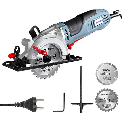 WORKPRO Mini-cirkelzaag 750 W 4700 RPM, handcirkelzaag zaagdiepte 45 mm (90 °), 28 mm (45 °), met 120 mm TCT-lemmet en 115 mm diamantlemmet, met geleiderail, voor hout, metaal en tegels