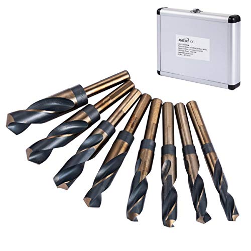 KATSU Tools KATSU Verminderde Schacht Boren Set 8 Stks, 9/16 "-1 "Imperial Hoge Snelheid Staal HSS Smid Twist Boren 1/2" Schacht voor Hout Metalen Staal in Aluminium Case 12697006