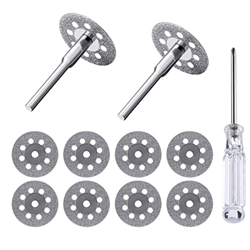 Kulannder Diamantsnijwiel, 10 stuks 22mm Mini Diamantzaagblad Snijschijf Wiel Set met Mandrel (3mm) en Schroevendraaier voor Rotary Tools Glas Edelstenen Snijschijven