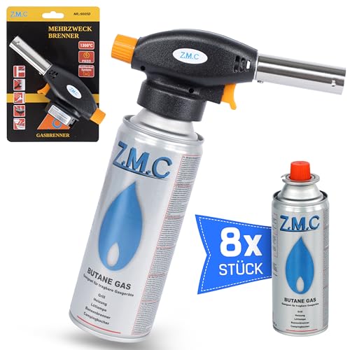 Z.M.C Gasbrander + 8 x gaspatronen, 227 g, vlambrander tot 1300 °C, bunsenbrander, soldeerbrander, keukenbrander met instelbare vlam, vlammenapparaat, blowtorch branderopzetstuk