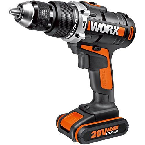 WORX WX372.1 Accu-slagboorschroevendraaier, set met 20 V slagboorschroevendraaier, Li-ion-accu, snellader, dubbelbit en koffer, 50 Nm, 2-versnellingsbak en ledlicht, voor schroeven, boren en klopboren