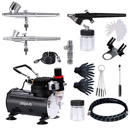 Sagud Airbrush-kit met compressor, inclusief 3 airbrushs 0,2 mm 0,3 mm 0,8 mm en airbrush-accessoires reinigingsset