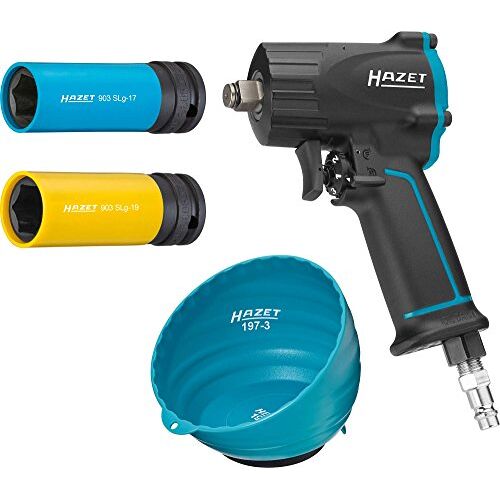 Hazet perslucht-slagmoersleutelset (losdraaimoment 1100 Nm, 1/2 inch vierkant, passende steeksleutels: 17 + 19 mm, praktische magneetschaal) 9012M/4