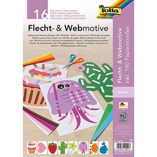 folia 70252 vlecht- & weefmotieven, set, DIN A4, 16 vellen met 8 motieven, inclusief 190 papieren strepen, creatieve bezigheid voor kinderen