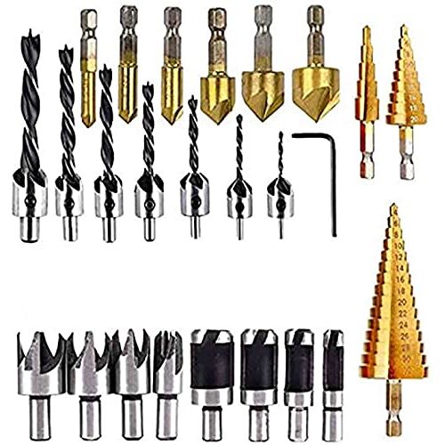 KAHEIGN 26 stuks kegelverzinkboorset, 8 stuks houtplug-cuttergereedschap, 7 stuks drievoudige boren, 6 stuks kegelboren, 3 stuks getrapte kegelboren, voor hout, deur, raam, cabine