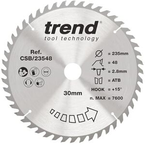 TREND Wood Blade voor cirkelzaag, diameter 235 mm, boring 30 mm, 48 tanden, 2,8 mm dikte, haak 15°, TCT, fijne bewerking, CSB/23548 TREND Wood Blade voor cirkelzaag, diameter 235 mm, boring 30 mm, 48 tanden, 2,8 mm dikte, haak 15°, TCT, fijne bewerking, CSB/23548