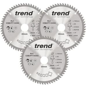 TREND Cirkelzaagblad laminaat & HPL, diameter 190 mm, asgat 30 mm, 60 tanden, zaagbreedte 2,6 mm, haakhoek +4°, TCT, super fijne afwerking, 3 stuks, CSB/PT190/3PK TREND Cirkelzaagblad laminaat & HPL, diameter 190 mm, asgat 30 mm, 60 tanden, zaagbreedte 2,6 mm, haakhoek +4°, TCT, super fijne afwerking, 3 stuks, CSB/PT190/3PK
