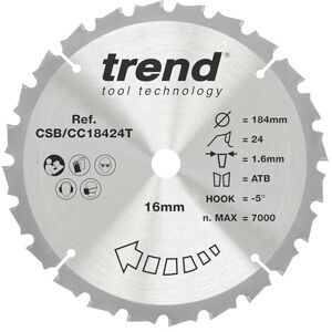 TREND Hout Snoerloze Verstekzaagblad, 184Mm Diameter, 16Mm Asgat, 24 Tanden, 1.6Mm Zaagsnede, -5° Haak, Hardmetalen Punt (Tct), Medium Afwerking, Csb/Cc18424T TREND Hout Snoerloze Verstekzaagblad, 184Mm Diameter, 16Mm Asgat, 24 Tanden, 1.6Mm Zaagsnede, -5° Haak, Hardmetalen Punt (Tct), Medium Afwerking, Csb/Cc18424T