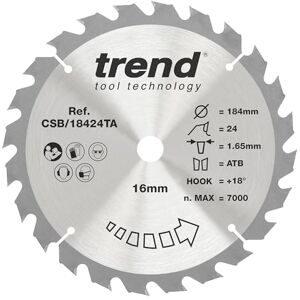 TREND Hout Snoerloze Cirkelzaagblad, 184Mm Diameter, 16Mm Asgat, 24 Tanden, 1.65Mm Zaagsnede, +18° Haak, Hardmetalen Punt (Tct), Medium Afwerking, Csb/18424Ta TREND Hout Snoerloze Cirkelzaagblad, 184Mm Diameter, 16Mm Asgat, 24 Tanden, 1.65Mm Zaagsnede, +18° Haak, Hardmetalen Punt (Tct), Medium Afwerking, Csb/18424Ta