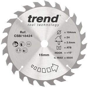 TREND CraftPro TCT cirkelzaagblad voor algemeen gebruik, 184 mm x 24 tanden x 16 mm asgat, wolfraamcarbide getipt, CSB/18424 TREND CraftPro TCT cirkelzaagblad voor algemeen gebruik, 184 mm x 24 tanden x 16 mm asgat, wolfraamcarbide getipt, CSB/18424