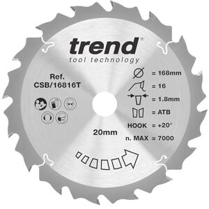 TREND Wood Blade voor draadloze cirkelzaag, diameter 168 mm, boring 20 mm, 16 tanden, 1,8 mm dikte, haak 20°, TCT, grove afwerking, CSB/16816T TREND Wood Blade voor draadloze cirkelzaag, diameter 168 mm, boring 20 mm, 16 tanden, 1,8 mm dikte, haak 20°, TCT, grove afwerking, CSB/16816T