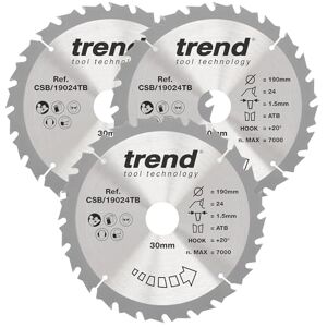 TREND Accu cirkelzaagblad hout, diameter 190 mm, asgat 30 mm, 24 tanden, zaagbreedte 1,5 mm, haakhoek 20°, TCT, grove afwerking, 3 stuks, CSB/190/3PK/A TREND Accu cirkelzaagblad hout, diameter 190 mm, asgat 30 mm, 24 tanden, zaagbreedte 1,5 mm, haakhoek 20°, TCT, grove afwerking, 3 stuks, CSB/190/3PK/A