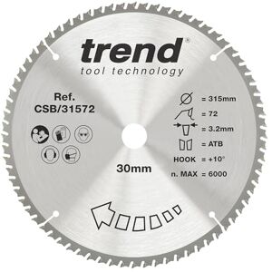 TREND Houten cirkelzaagblad, 315mm diameter, 30mm boring, 72 tanden, TCT, 3,2 mm kerf, +15 ° haak, CSB/31572 TREND Houten cirkelzaagblad, 315mm diameter, 30mm boring, 72 tanden, TCT, 3,2 mm kerf, +15 ° haak, CSB/31572