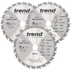 TREND Accu cirkelzaagblad hout, diameter 165 mm, asgat 20 mm, 24 tanden, zaagbreedte 1,5 mm, haakhoek 20°, TCT, middelgrove afwerking, 3 stuks, CSB/165/3PK/D TREND Accu cirkelzaagblad hout, diameter 165 mm, asgat 20 mm, 24 tanden, zaagbreedte 1,5 mm, haakhoek 20°, TCT, middelgrove afwerking, 3 stuks, CSB/165/3PK/D