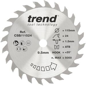 TREND Hout Cirkelzaagblad, 115Mm Diameter, 9.50Mm Asgat, 24 Tanden, 1.5Mm Zaagsnede, +20° Haak, Hardmetalen Punt (Tct), Medium Afwerking, Csb/11524 TREND Hout Cirkelzaagblad, 115Mm Diameter, 9.50Mm Asgat, 24 Tanden, 1.5Mm Zaagsnede, +20° Haak, Hardmetalen Punt (Tct), Medium Afwerking, Csb/11524