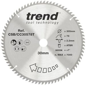 TREND Wood Cordless Atbr Verstekzaagblad, 305Mm Diameter, 30Mm Asgat, 78 Tanden, 2.2Mm Snede, +7° Haak, Hardmetalen Punt (Tct), Fijne Afwerking, Csb/Cc30578T TREND Wood Cordless Atbr Verstekzaagblad, 305Mm Diameter, 30Mm Asgat, 78 Tanden, 2.2Mm Snede, +7° Haak, Hardmetalen Punt (Tct), Fijne Afwerking, Csb/Cc30578T