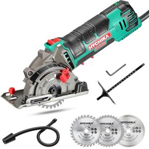 HYCHIKA BETTER TOOLS FOR BETTER LIFE HYCHIKA Cirkelzaag, 500W Mini cirkelzaag, 4500 RPM, Zaagdiepte: 0-25 mm, Zuivere kopermotor, 3 messen voor het zagen van hout, zacht metaal, tegels en plastic HYCHIKA BETTER TOOLS FOR BETTER LIFE HYCHIKA Cirkelzaag, 500W Mini cirkelzaag, 4500 RPM, Zaagdiepte: 0-25 mm, Zuivere kopermotor, 3 messen voor het zagen van hout, zacht metaal, tegels en plastic