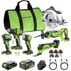 Greenworks 24V 6-delige draadloze gereedschapset (boor-/schroefmachine, slagschroevendraaier, cirkelzaag, reciprozaag, multitool, lamp), 4,0Ah + 2,0Ah accu’s (24.000 mAh powerbank), 65W snellader Greenworks 24V 6-delige draadloze gereedschapset (boor-/schroefmachine, slagschroevendraaier, cirkelzaag, reciprozaag, multitool, lamp), 4,0Ah + 2,0Ah accu’s (24.000 mAh powerbank), 65W snellader