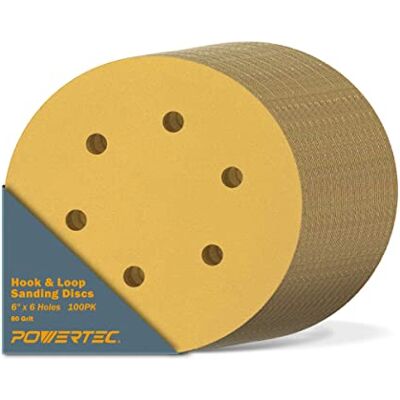 POWERTEC 45208G-50-P2 6-inch 6 Hole 80 Grit Hook and Loop Schuurschijven, Goud, 100-Pack POWERTEC 45208G-50-P2 6-inch 6 Hole 80 Grit Hook and Loop Schuurschijven, Goud, 100-Pack