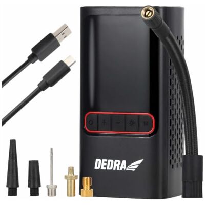 Dedra DEPP011 Draadloze luchtpomp, 2 x 2000 mAh, met powerbank-functie, verschillende ventielopzetstukken, manometer, led-display, instelbare doeldruk, geïntegreerde accu, zaklamp met meerdere modi Dedra DEPP011 Draadloze luchtpomp, 2 x 2000 mAh, met powerbank-functie, verschillende ventielopzetstukken, manometer, led-display, instelbare doeldruk, geïntegreerde accu, zaklamp met meerdere modi