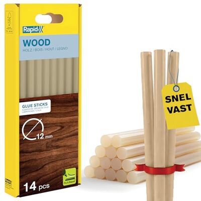 Rapid lijmsticks 12 mm, speciale lijm voor hout, 14 stuks Voor hout & kurk; voor 11-12 mm lijmpistolen; 190 mm lang; 14 stuks; gebruikstemp. 170-190°C; 30 sec. uithardingstijd Rapid lijmsticks 12 mm, speciale lijm voor hout, 14 stuks Voor hout & kurk; voor 11-12 mm lijmpistolen; 190 mm lang; 14 stuks; gebruikstemp. 170-190°C; 30 sec. uithardingstijd
