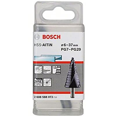 Bosch Professional Hss-Altin Trapboor Met 1/4 Inch Zeskantschacht (Ø 4-20 Mm, 9 Treden) Hss-Altin Durchmesser: 6.0-37.0 Bosch Professional Hss-Altin Trapboor Met 1/4 Inch Zeskantschacht (Ø 4-20 Mm, 9 Treden) Hss-Altin Durchmesser: 6.0-37.0