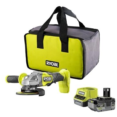 RYOBI ONE+ borstelloze haakse slijper, 18 V, diameter 125 mm, met accu en oplader RYOBI ONE+ borstelloze haakse slijper, 18 V, diameter 125 mm, met accu en oplader