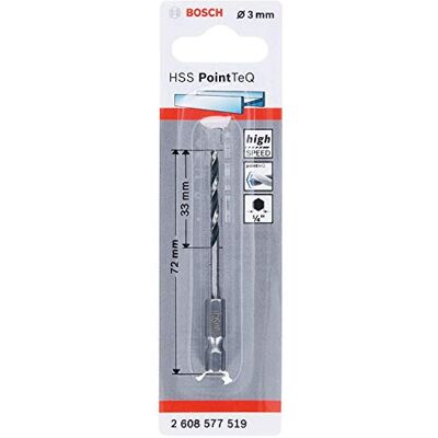Bosch Professional PointTeQ Boor met zeskantschacht (voor metaal, Ø: 3,0 mm, Werklengte: 33 mm, Totale lengte: 72 mm, ¼" zeskantschacht, accessoire voor slagschroevendraaier en boor-/schroefmachine) Bosch Professional PointTeQ Boor met zeskantschacht (voor metaal, Ø: 3,0 mm, Werklengte: 33 mm, Totale lengte: 72 mm, ¼" zeskantschacht, accessoire voor slagschroevendraaier en boor-/schroefmachine)