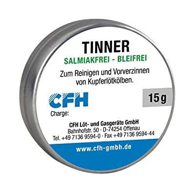 CFH Tinner TI 228 Vertinings- en reinigingsmiddel voor loodvrije soldeerpunten, salmiak- en loodvrij, verhoogt de levensduur, Sn97Cu3, 15 g blik met kleefpad, volgens DIN EN ISO 9453 CFH Tinner TI 228 Vertinings- en reinigingsmiddel voor loodvrije soldeerpunten, salmiak- en loodvrij, verhoogt de levensduur, Sn97Cu3, 15 g blik met kleefpad, volgens DIN EN ISO 9453