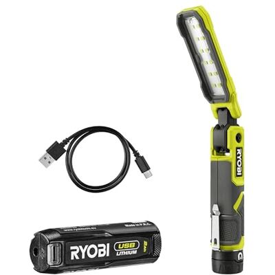RYOBI 4V USB lithium werklamp, 3 intensiteiten: 500/250/100 lumen, magnetische basis, USB-C kabel, 1 x 4V 2,0 Ah lithium USB-batterij, RLI4-120G RYOBI 4V USB lithium werklamp, 3 intensiteiten: 500/250/100 lumen, magnetische basis, USB-C kabel, 1 x 4V 2,0 Ah lithium USB-batterij, RLI4-120G