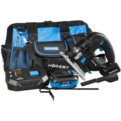 Högert TECHNIK Accu pendelhefzaag, 18 V, borstelloze complete set met 4,0 Ah accu, 4 A snellader en gereedschapstas, 0-2600 omw/min, zaagbladslag 26 mm, led Högert TECHNIK Accu pendelhefzaag, 18 V, borstelloze complete set met 4,0 Ah accu, 4 A snellader en gereedschapstas, 0-2600 omw/min, zaagbladslag 26 mm, led