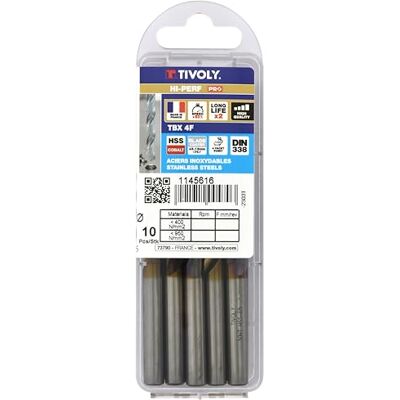 Tivoly Timoly 11456160800 10 stuks boren Premium Tbx 4f HSS kobalt gecoat Blade, 4 pagina's Ø 8 mm koffer Tivoly Timoly 11456160800 10 stuks boren Premium Tbx 4f HSS kobalt gecoat Blade, 4 pagina's Ø 8 mm koffer