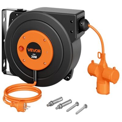 VEVOR Elektrische kabelhaspel, intrekbare kabel, 20 m, wandspoel, draaibaar Zelfoprolend, oververhittingsbeveiliging, houder 180° draaibaar, aansluiting met 3 stekkers, intrekbare kabel 1,5 mm² VEVOR Elektrische kabelhaspel, intrekbare kabel, 20 m, wandspoel, draaibaar Zelfoprolend, oververhittingsbeveiliging, houder 180° draaibaar, aansluiting met 3 stekkers, intrekbare kabel 1,5 mm²