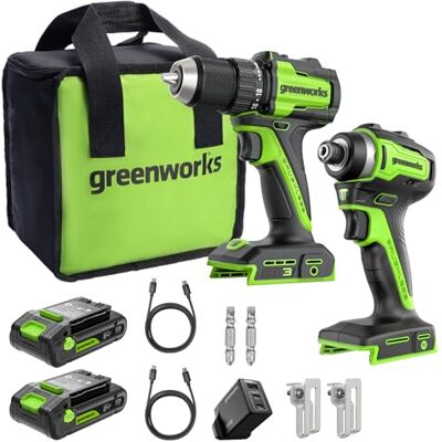 Greenworks 24V Accu Borstelloze 45Nm Schroefboormachine + 220Nm Slagschroevendraaier, Hoog Koppel, Inclusief (2) 2.0Ah USB-C Accu’s (12.000mAh Powerbank) & 65W USB-C Snellader Greenworks 24V Accu Borstelloze 45Nm Schroefboormachine + 220Nm Slagschroevendraaier, Hoog Koppel, Inclusief (2) 2.0Ah USB-C Accu’s (12.000mAh Powerbank) & 65W USB-C Snellader