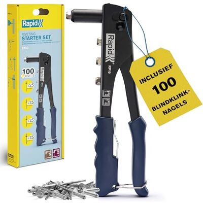 Rapid RP10 blindklinknageltang Set met 100 Nieten, 3,2–4,8 mm Voor 3,2-4,8 mm aluminium blindklinknagels; complete set met 100 aluminium-Nieten; softgrip-greep; robuuste constructie Rapid RP10 blindklinknageltang Set met 100 Nieten, 3,2–4,8 mm Voor 3,2-4,8 mm aluminium blindklinknagels; complete set met 100 aluminium-Nieten; softgrip-greep; robuuste constructie
