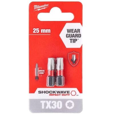 Milwaukee Schokgolf Impact Duty Torx schroevendraaier bits TX30 25mm Pack van 2 Milwaukee Schokgolf Impact Duty Torx schroevendraaier bits TX30 25mm Pack van 2