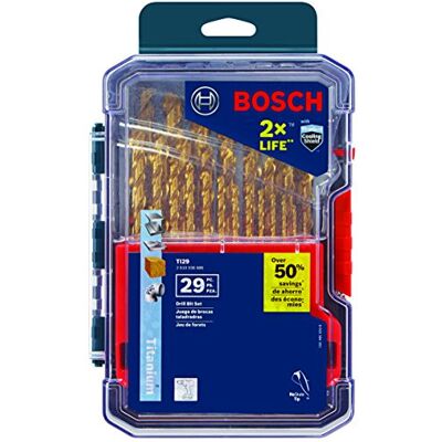 Bosch TI29 29-delige set titanium nitride gecoate metalen boren met meegeleverde koffer met drie platte schacht voor toepassingen in zwaar koolstofstaal, lichtmetalen, hardhout Bosch TI29 29-delige set titanium nitride gecoate metalen boren met meegeleverde koffer met drie platte schacht voor toepassingen in zwaar koolstofstaal, lichtmetalen, hardhout