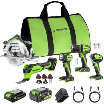 Greenworks 24V 5-delige draadloze gereedschapset (boor-/schroefmachine, slagschroevendraaier, cirkelzaag, multitool, lamp), 4,0Ah + 2,0Ah accu’s (24.000 mAh powerbank), 65W snellader Greenworks 24V 5-delige draadloze gereedschapset (boor-/schroefmachine, slagschroevendraaier, cirkelzaag, multitool, lamp), 4,0Ah + 2,0Ah accu’s (24.000 mAh powerbank), 65W snellader
