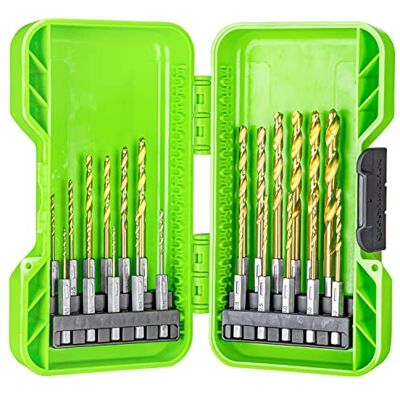 Greenworks HSS 135° boren voor boormachines met zeshoekige schacht (Set van 22 boren met tinnen coating van 1,5 tot 8mm geschikt voor alle boormachines en accu schroevendraaiers) Greenworks HSS 135° boren voor boormachines met zeshoekige schacht (Set van 22 boren met tinnen coating van 1,5 tot 8mm geschikt voor alle boormachines en accu schroevendraaiers)
