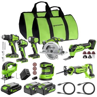 Greenworks 24V 8-delige draadloze set: boor-/schroefmachine, slagschroevendraaier, cirkelzaag, reciprozaag, decoupeerzaag, multitool, schuurmachine, lamp; 4,0Ah + 2×2,0Ah accu’s; 65W snellader Greenworks 24V 8-delige draadloze set: boor-/schroefmachine, slagschroevendraaier, cirkelzaag, reciprozaag, decoupeerzaag, multitool, schuurmachine, lamp; 4,0Ah + 2×2,0Ah accu’s; 65W snellader