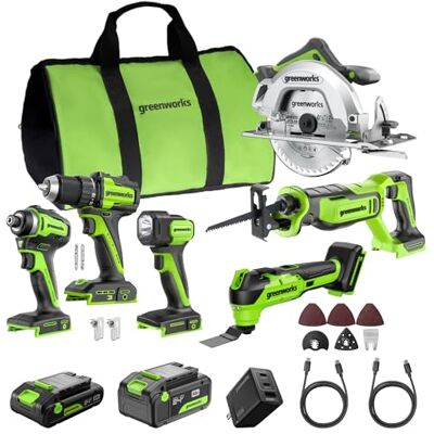 Greenworks 24V 6-delige draadloze gereedschapset (boor-/schroefmachine, slagschroevendraaier, cirkelzaag, reciprozaag, multitool, lamp), 4,0Ah + 2,0Ah accu’s (24.000 mAh powerbank), 65W snellader Greenworks 24V 6-delige draadloze gereedschapset (boor-/schroefmachine, slagschroevendraaier, cirkelzaag, reciprozaag, multitool, lamp), 4,0Ah + 2,0Ah accu’s (24.000 mAh powerbank), 65W snellader