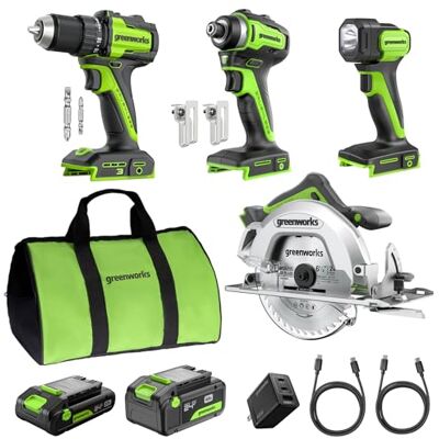 Greenworks 24V Set d'outils sans fil 4 pièces – Perceuse à percussion & Visseuse sans balai, Scie circulaire 6,5", Lampe LED, Batteries 4,0Ah + 2,0Ah (Powerbank 24.000 mAh), Chargeur rapide 65W Greenworks 24V Set d'outils sans fil 4 pièces – Perceuse à percussion & Visseuse sans balai, Scie circulaire 6,5", Lampe LED, Batteries 4,0Ah + 2,0Ah (Powerbank 24.000 mAh), Chargeur rapide 65W