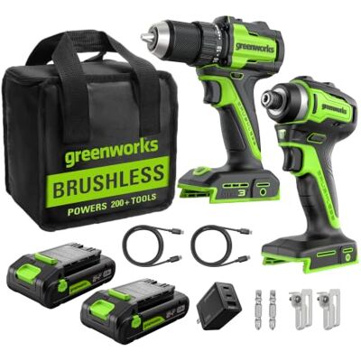 Greenworks 24V Accu Borstelloze 45Nm Schroefboormachine + 220Nm Slagschroevendraaier, Hoog Koppel, Inclusief (2) 2.0Ah USB-C Accu’s (12.000mAh Powerbank) & 65W USB-C Snellader Greenworks 24V Accu Borstelloze 45Nm Schroefboormachine + 220Nm Slagschroevendraaier, Hoog Koppel, Inclusief (2) 2.0Ah USB-C Accu’s (12.000mAh Powerbank) & 65W USB-C Snellader