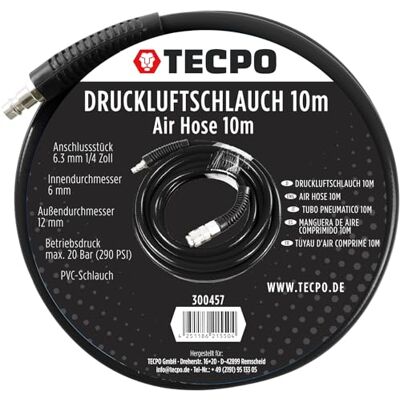 TECPO 300457 Persluchtslang 6/12 mm, 10 m lang, luchtslang 20 bar werkdruk, 1/4 aansluitstuk geschikt voor alle gangbare compressoren TECPO 300457 Persluchtslang 6/12 mm, 10 m lang, luchtslang 20 bar werkdruk, 1/4 aansluitstuk geschikt voor alle gangbare compressoren