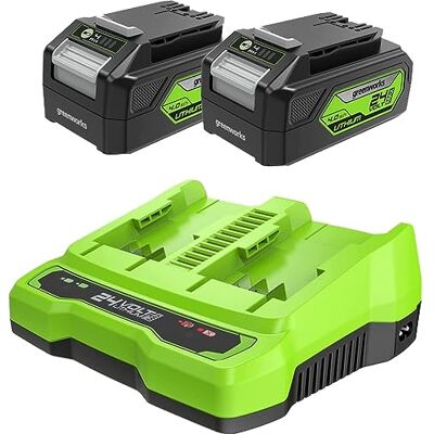 Greenworks Accu's en dubbele oplader, 24 V, twee oplaadbare accu's met 4 Ah en dubbele oplader, voor apparaten met 24 V, uitgang 48 W en stroom 4 A, volledige lading in 60 minuten G24B4 Greenworks Accu's en dubbele oplader, 24 V, twee oplaadbare accu's met 4 Ah en dubbele oplader, voor apparaten met 24 V, uitgang 48 W en stroom 4 A, volledige lading in 60 minuten G24B4