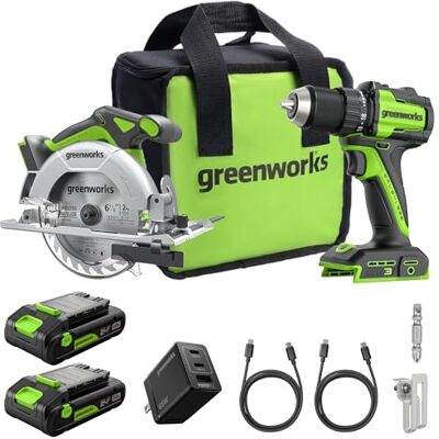 Greenworks 24V accuboormachine zonder koolborstels, 45 Nm + 16,5 cm cirkelzaag, 4.800 tpm, zaagdiepte 45°/90° — inclusief (2) 2,0 Ah USB‑C accu’s (12.000 mAh) en 65 W USB‑C snellader (3‑poorten) CK322 Greenworks 24V accuboormachine zonder koolborstels, 45 Nm + 16,5 cm cirkelzaag, 4.800 tpm, zaagdiepte 45°/90° — inclusief (2) 2,0 Ah USB‑C accu’s (12.000 mAh) en 65 W USB‑C snellader (3‑poorten) CK322